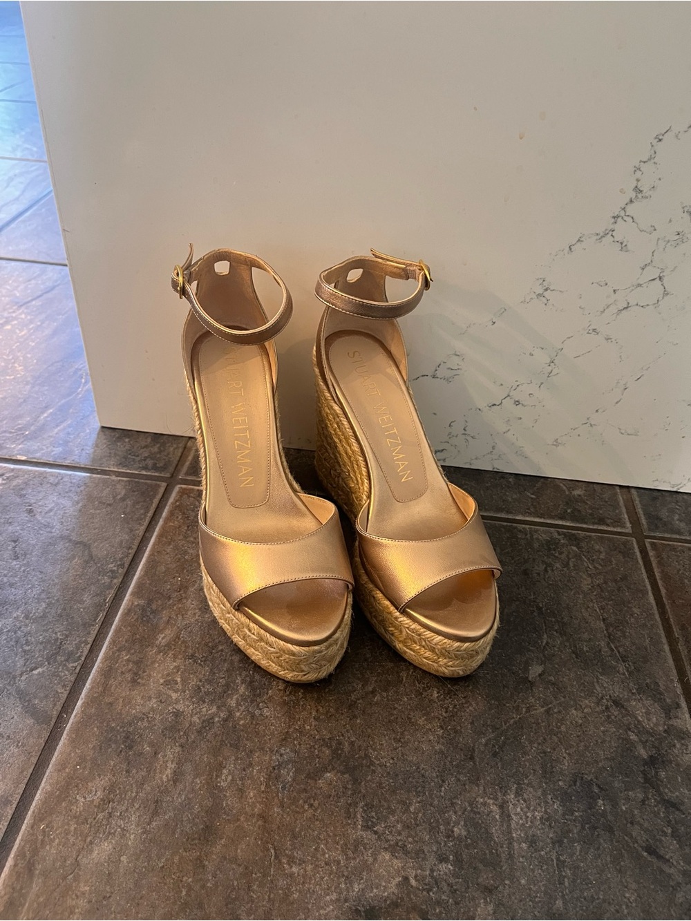 Stuart Weitzman Metallic Gold Espadrille Wedge Sandals with Ankle Strap